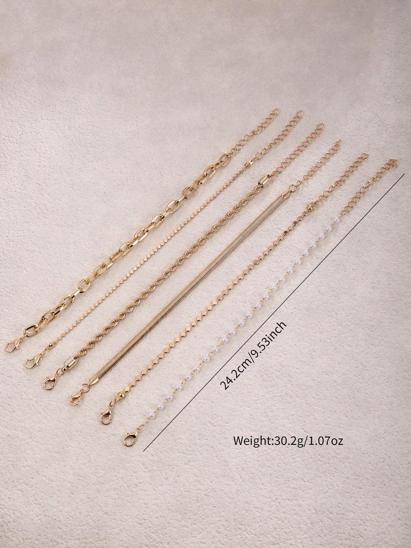 6pcs Metal Chain Bracelet Set, Faux Pearl, Snake Chain, Twisted Chain, Flat Round Disc Design, Chunky Fashion Jewelry, Elegant Retro Style, Bangle Bracelet Set