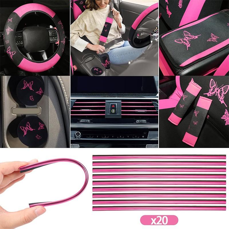 4 Butterfly-Themed Car Seat Cover & Interior Accessory Combo: Lightweight and Breathable Seat Covers for 5-Seater Vehicles, Butterfly-Print Steering Wheel Cover, and Additional Decorative Accents; Compatible with Most Sedan and SUV Models