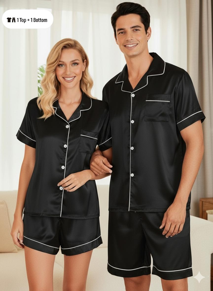Couple Sleepwear Set, Short Sleeve Shorts, Pure Color, Comfortable Lounge Wear, Summer Ice Silk Two-Piece Set, Men's and Women's Open Front