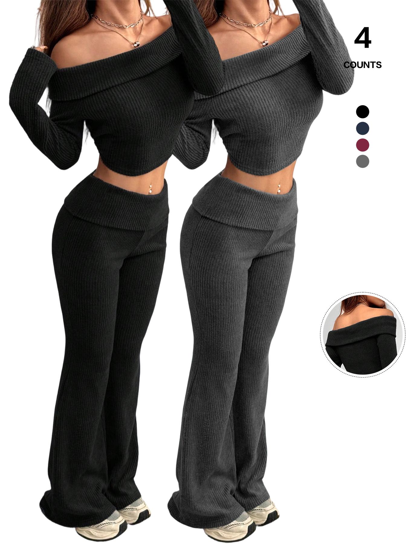 2026 Women's 2-Piece Matching Set, Off-The-Shoulder Long Sleeve Crop Top & High-Waist Flare Leg Pants, Sexy Y2K Ribbed Knit