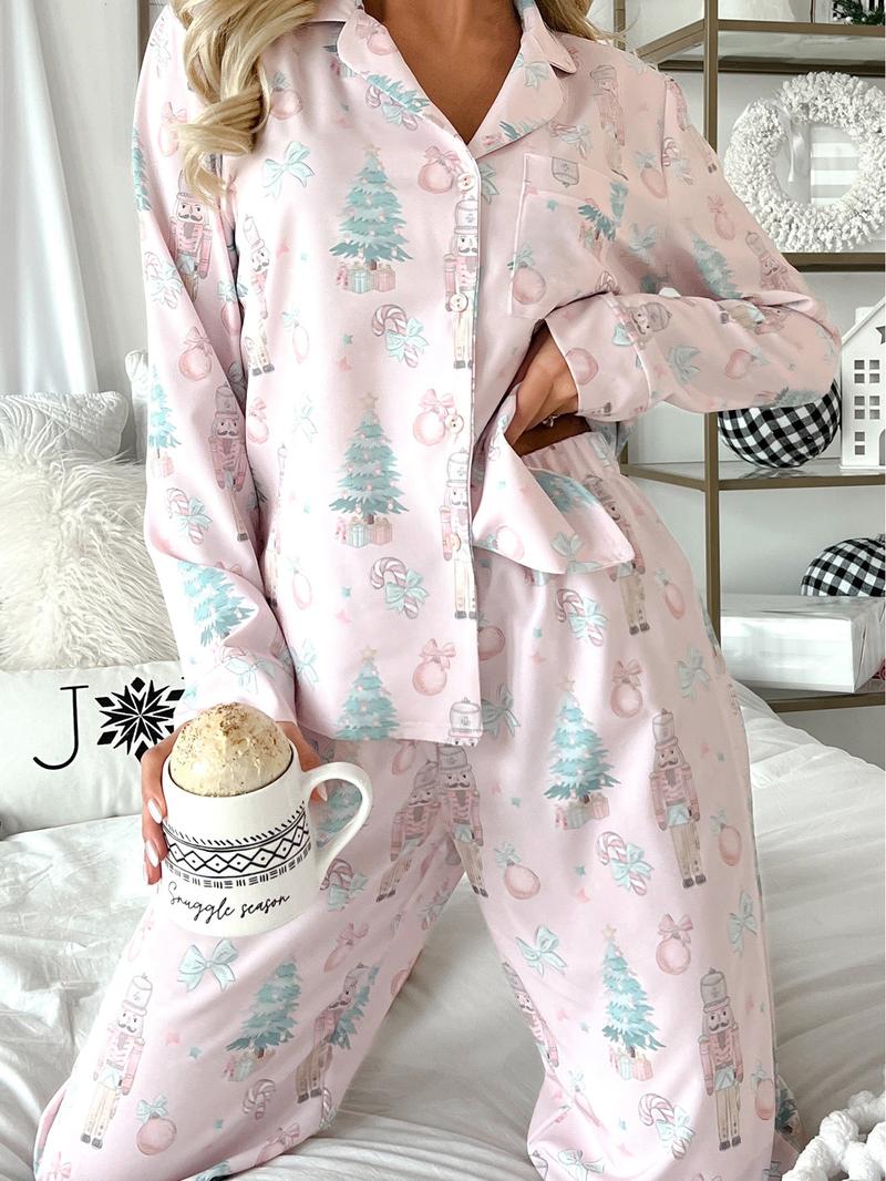 Women's Christmas Print Pajamas Set, Nightwear Lounge Set, Casual Home Wear Loungewear, Soft & Cozy Sleepwear for All Seasons, Perfect Gift Idea