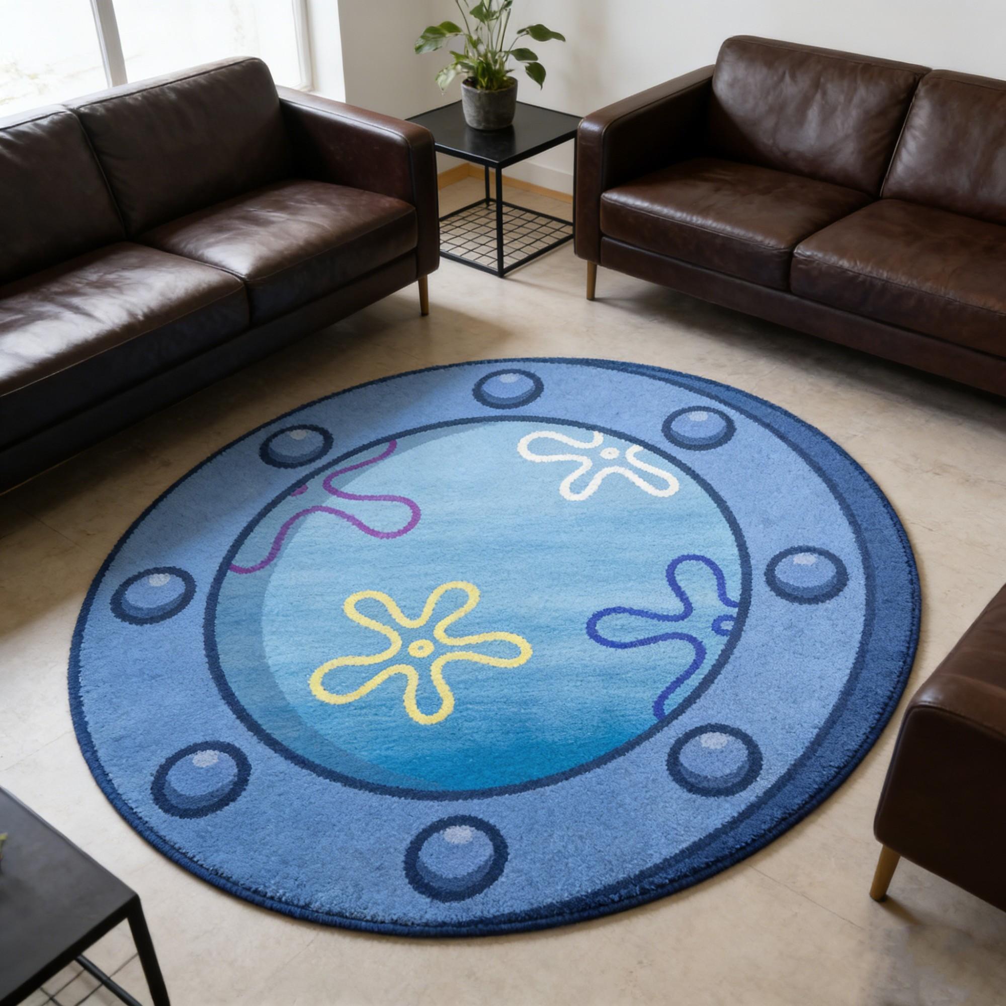 Circular Rug with Underwater Elements Design, Anti-Slip Carpet for Game Room, Bedroom, Living Room, Kitchen, Casual Style Home Decor