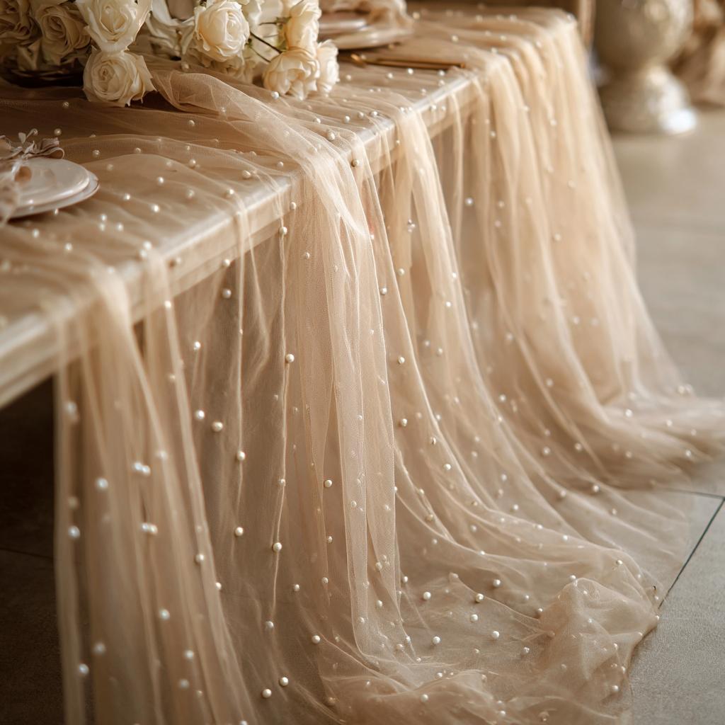 A 1/2/3-piece set of champagne-colored pearl tulle table runners, Sheer, suitable for romantic wedding venues and holiday party decorations.Adorn tables, arches, chair backs, and bridal veils, perfect for Valentine's Day and spring outdoor weddings