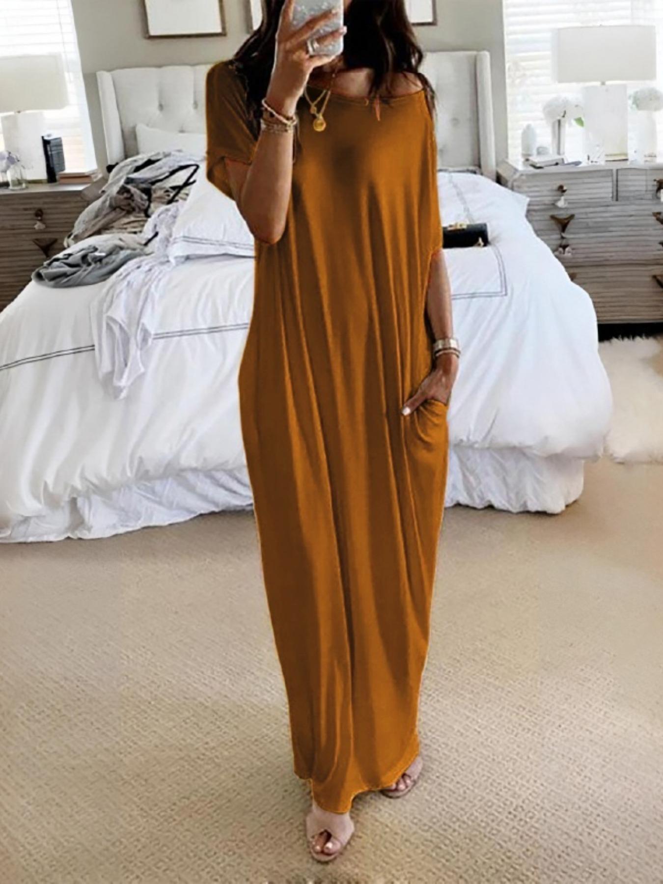 Women's Loose-Fit Casual Dress, Round Neck Short Sleeve Comfortable Home Wear, Elegant Victorian Style for Fall Winter Season Womenswear