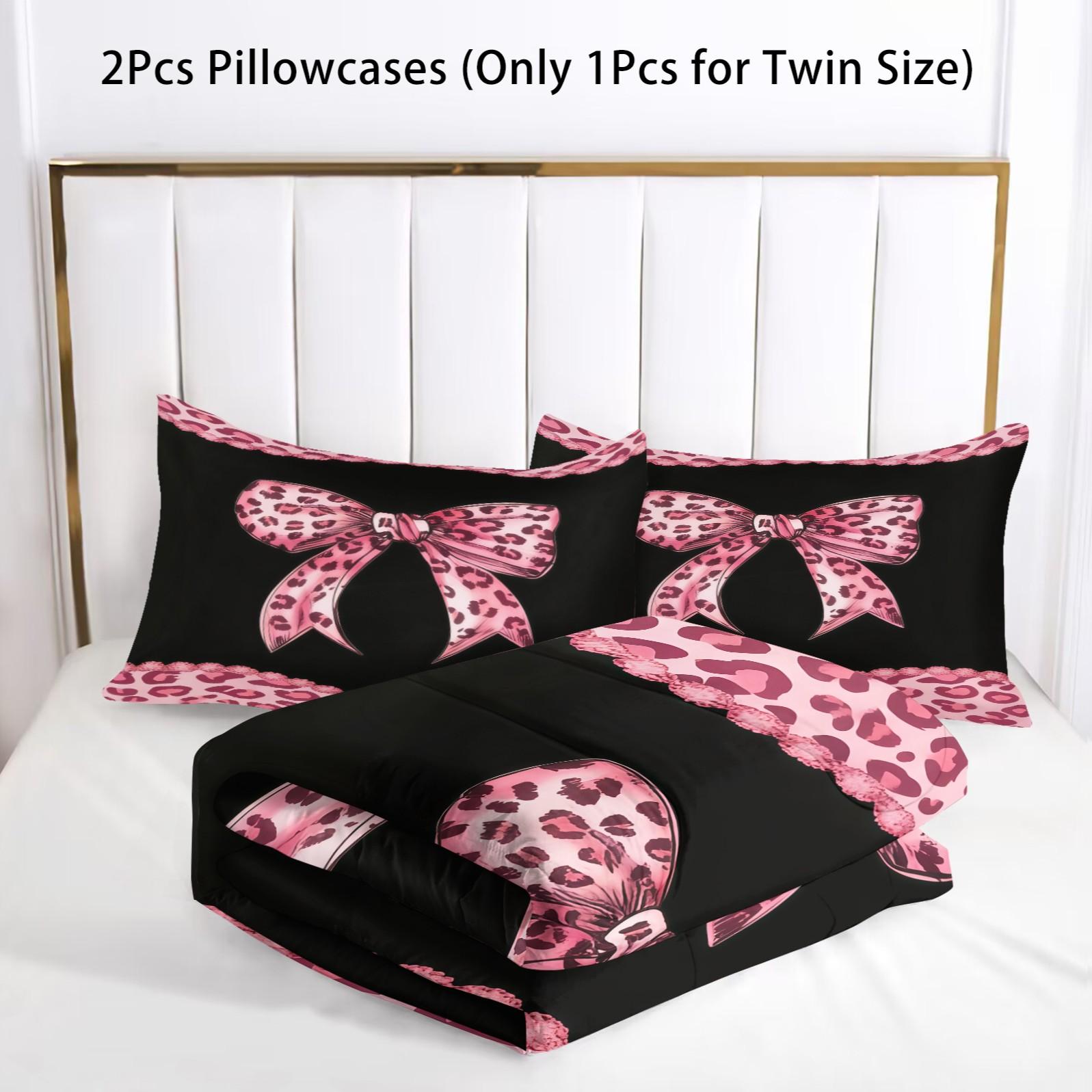 Leopard Print Bow Pattern Bedding Set, Soft Bedding Sets Adult Bedroom Decoration, Suitable For Giving To Friends And Family, As a Moving And Holiday Gift, Including 1 Blanket And 1 Or 2 Pillowcases Without Pillowcases
