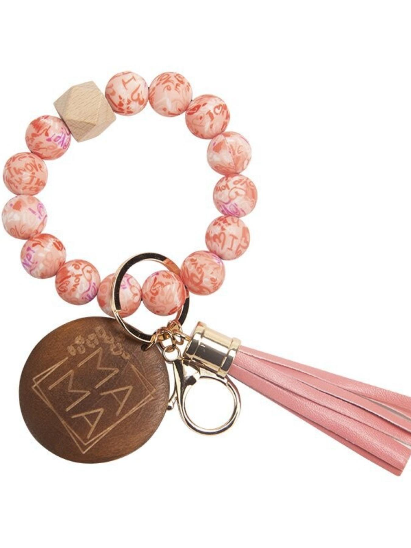 Mother's Day Gift Mama Silicone Bead Wood Slice Fringe Beaded Keychain, Handmade Silicone Bead Bracelet, Elastic Rope Fringe Keychain Bracelet