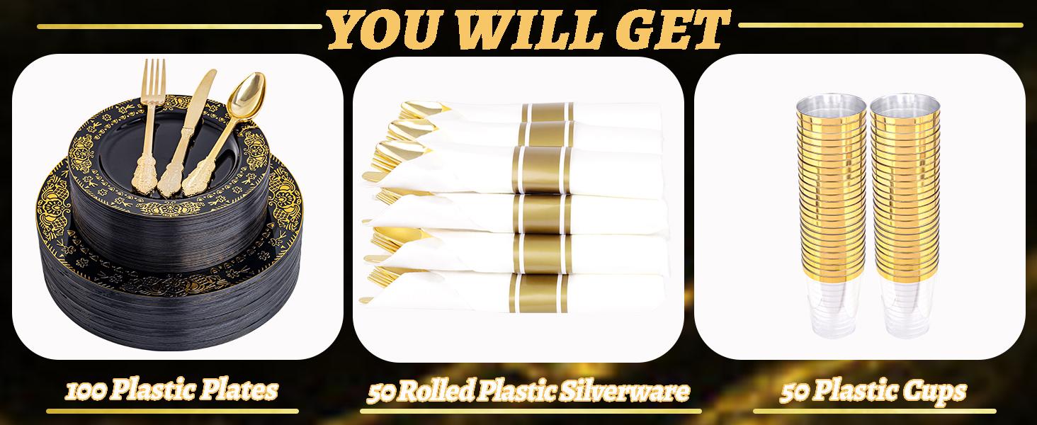 350PCS Black and Gold - Gold Disposable Dinnerware Set Include 50 Dinner, 50 Dessert, 150 Gold Silverware, 50, 50 Cups for Wedding &