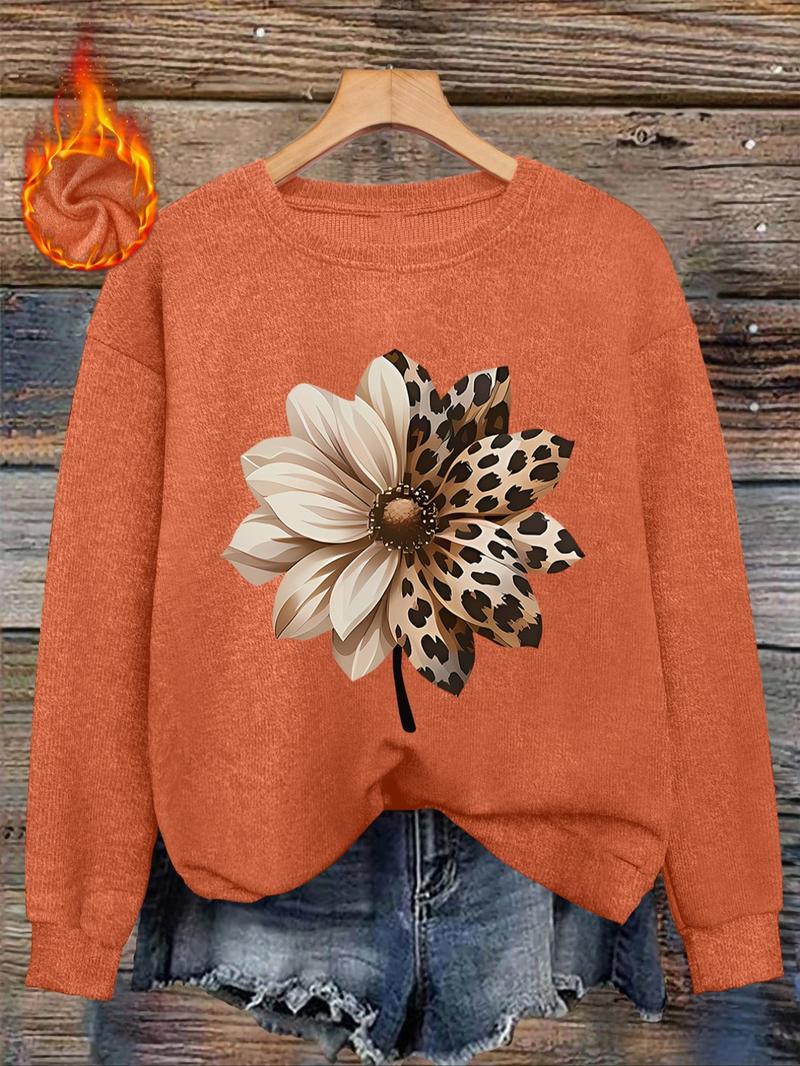 [Autumn and Winter] Leopard print flower print women's casual and fashionable round neck faux wool top, women's round neck faux wool top, letter, pattern comfortable round neck faux wool top, suitable for autumn and winter season