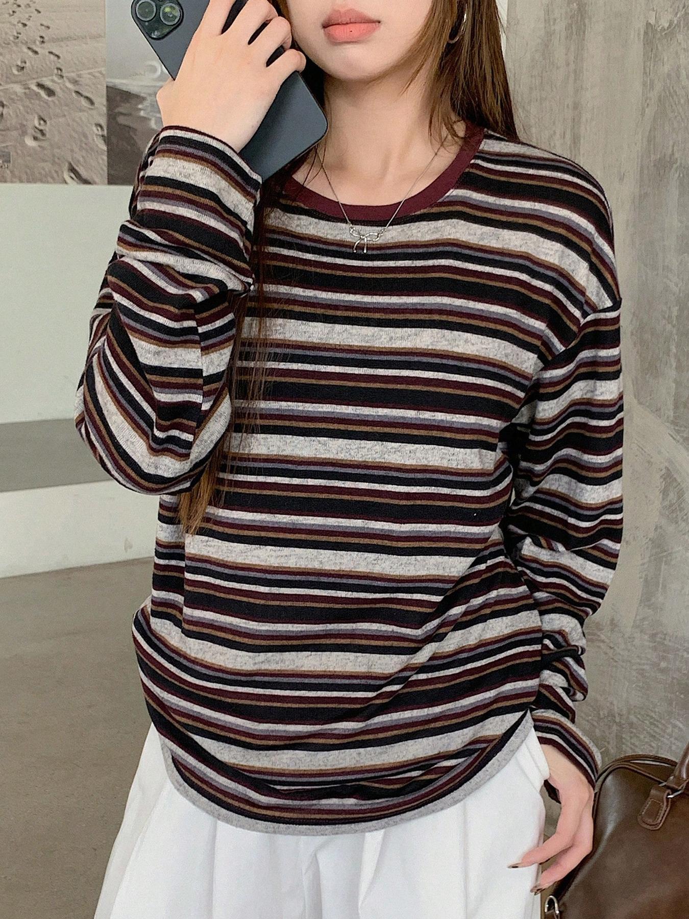 Women's Casual Striped Long Sleeve T-Shirt, Comfortable Cotton Tee for Daily Wear, Stylish Ladies' Top for Spring & Fall Seasons