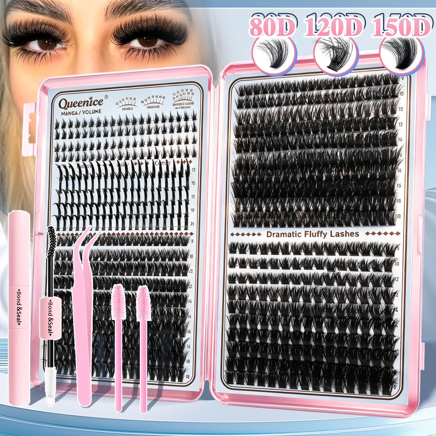 Queenice Lash Clusters Kit, Eyelash Extensions Set, 80D 100D 120D Spikes, D Curvature, Lash Bond, Eyelash Glue Tweezers, Brush, DIY at Home