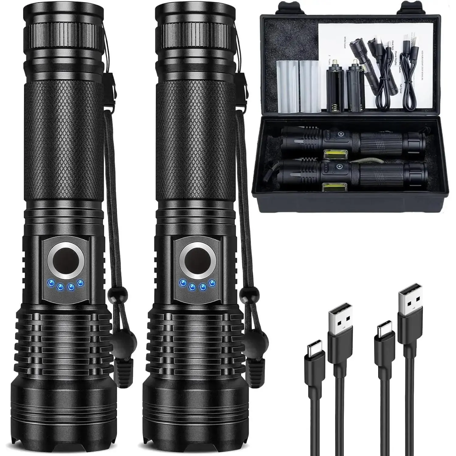 2-Pack Rechargeable LED Camping Torches - High-Lumen Aluminum Handheld Lights with 5 Modes, COB Light, Tactical Accessories, 1-Hand Design, Compact Outdoor Gear for Camping, Emergency Use