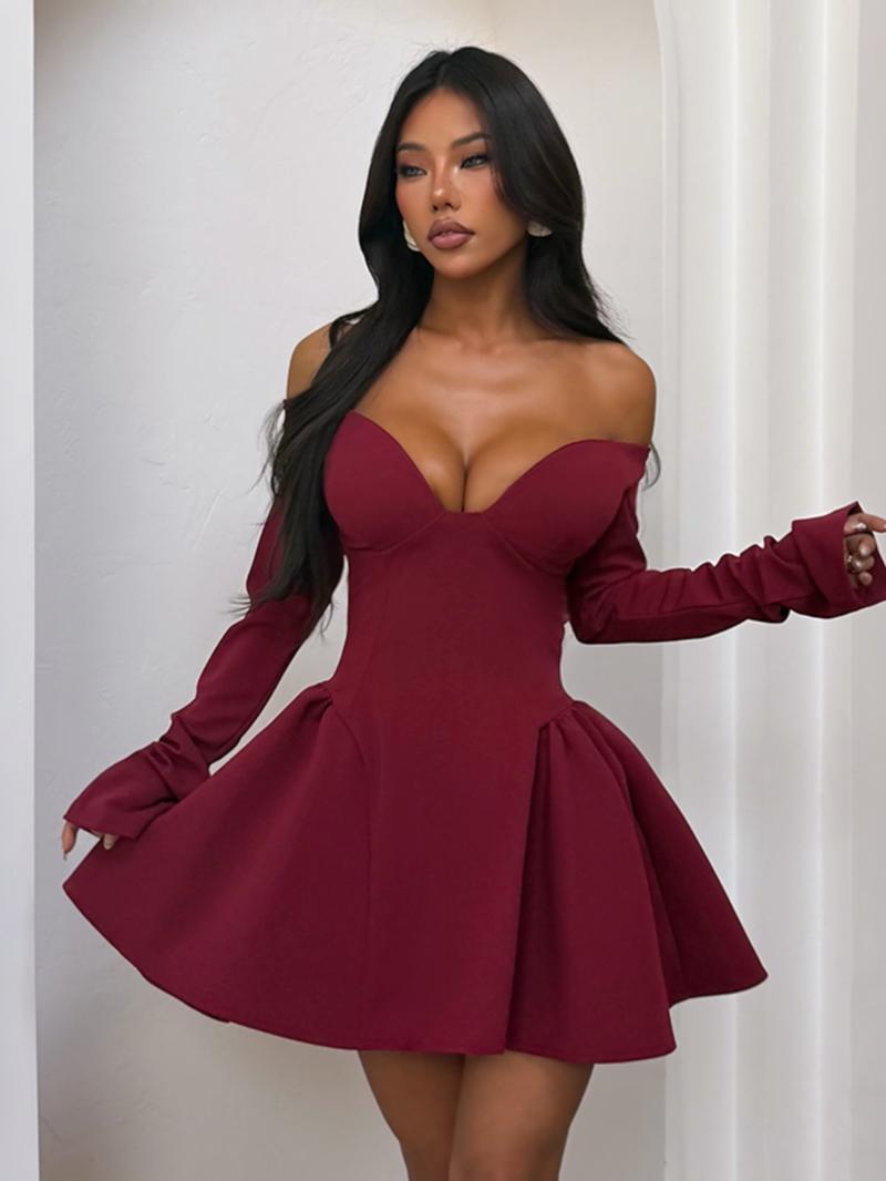 Women's Plain Off Shoulder A Line Dress - Elegant Long Sleeve Outfit for Valentine's Day, Party, Wedding Guest & Holiday