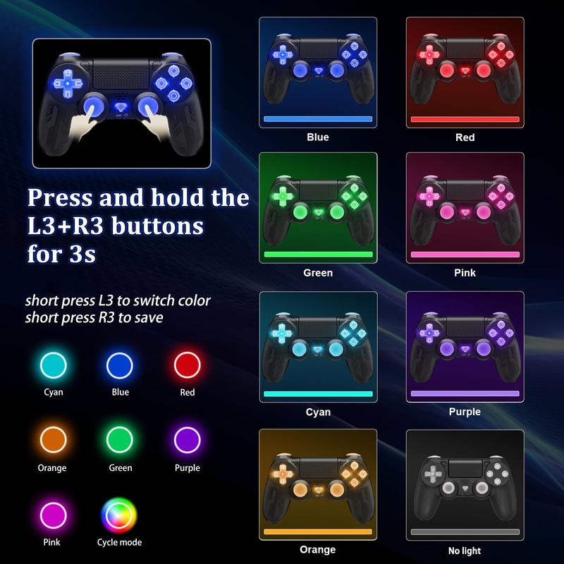 Wireless Controller for PS4, PS4 Controller with LED RGB Light Compatible with PlayStation 4/Slim/Pro/PC (Black)