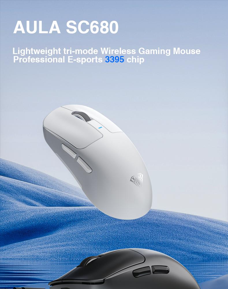 AULA SC680 Wireless Gaming Mouse, Tri-Mode 2.4G/BT5.0/USB-C Gaming Mouse, 10000 DPI Rechargeable Wireless Mouse, Gaming Mouse with 6 Programmable Buttons and Summer Anti-Slip Stickers, Office Desktop Laptop Accessories Ergonomic Mechanical Keyboard