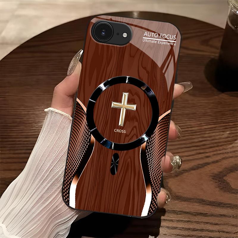 Luxury Wood Grain MagSafe phone case Carbon Fiber Texture Golden Cross Emblem for [iPhone 16e] 952