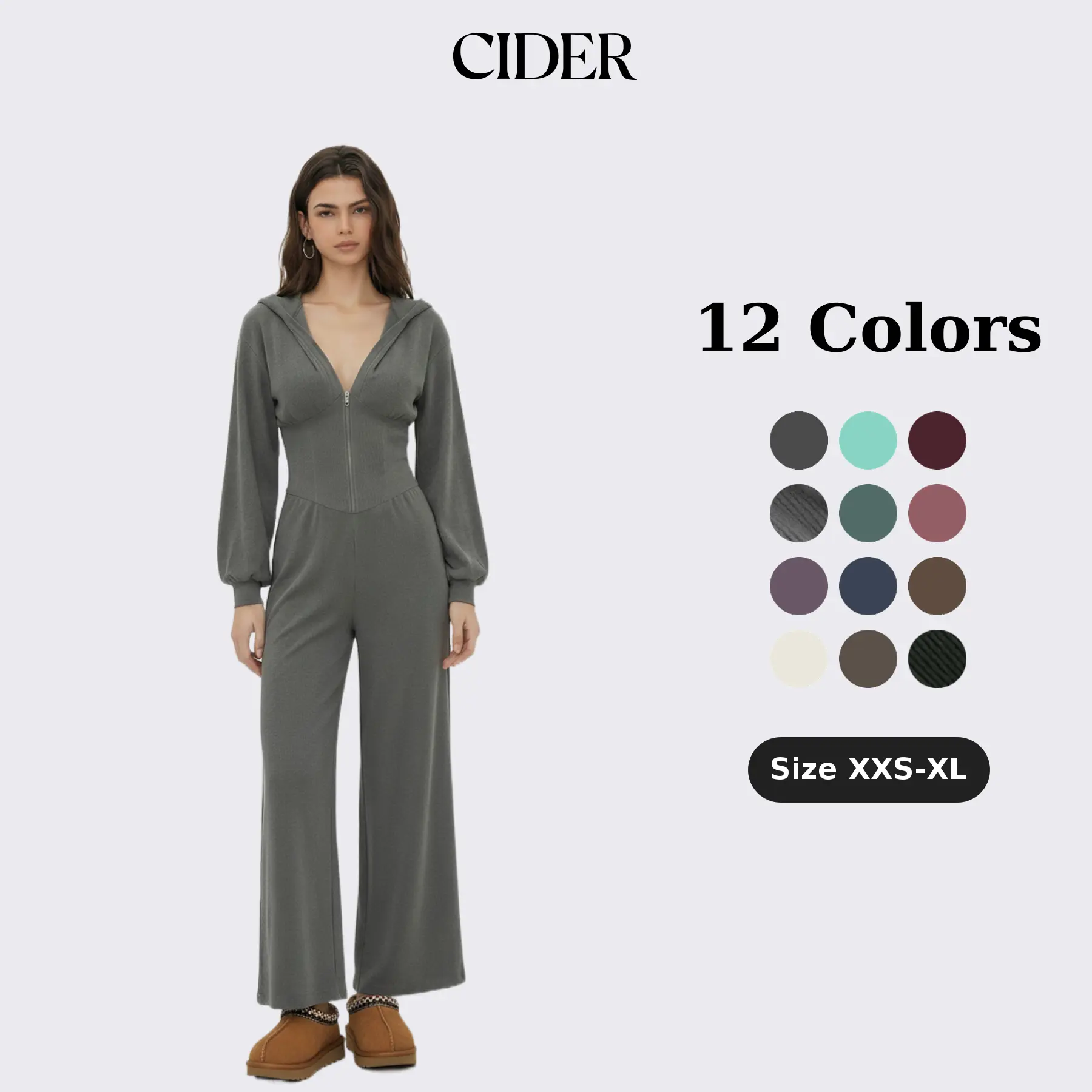 Cider Casual Streetwear Hooded Jumpsuit for Lounge Wear, Elegant Wide Leg Romper, Ladies Long Sleeve Bodysuit, Autumn Daily Outfits, Lady Tracksuits