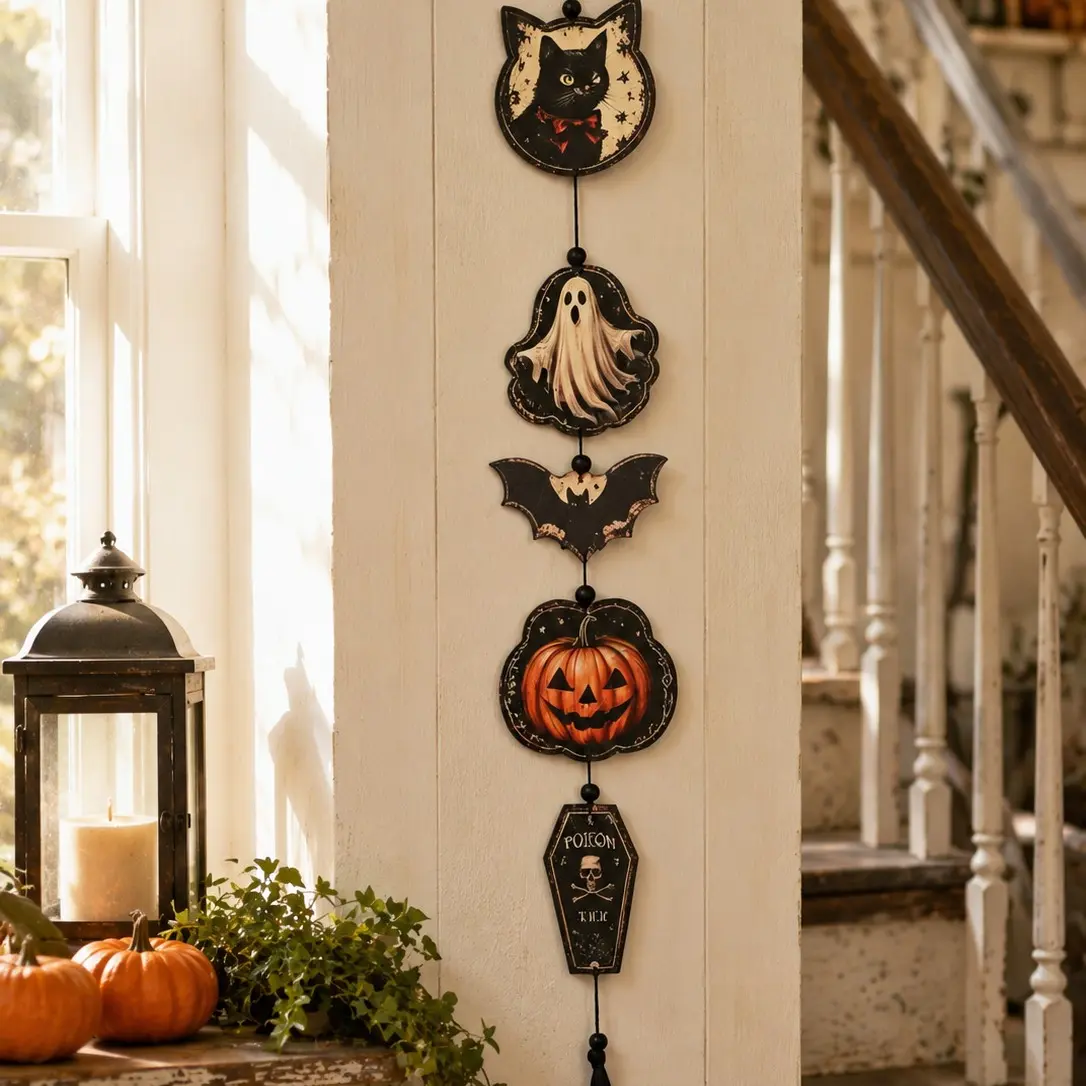 Vintage Halloween Wooden Wall Hanging, Cat Ghost Bat Pumpkin Coffin Decor, Gothic Style Halloween Vertical Hang, Dark Academia Home Decoration, Room Wall Decor