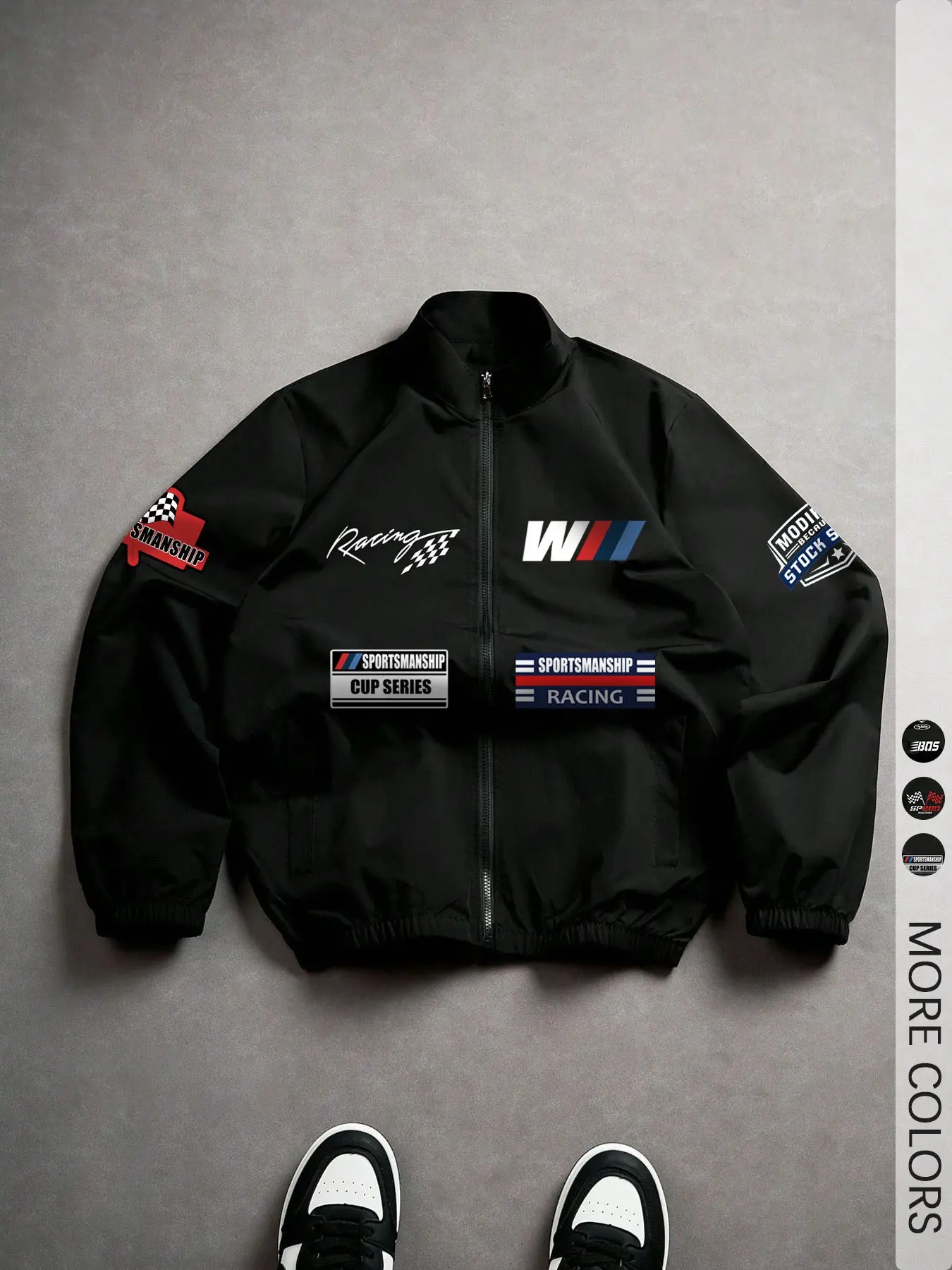 Men's Zip‑Up Stand Collar Jacket, Long Sleeves, Racing‑Inspired Graphic Print, Casual Outerwear, For Racing Enthusiasts, Event Occasions, Street Style Looks