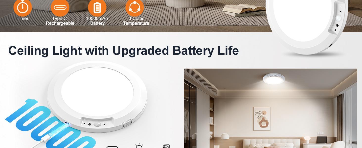 Rechargeable Motion Sensor Ceiling Light with Remote – 10000mAh Battery Powered Magnetic Wireless LED Light for Closet Shower Stairs Shed Hallway Porch Patio Garage ect, 3 Color 10-Level Dimmable, No Wiring Rechargeable Motion Sensor Ceiling Light with Remote – 10000mAh Battery Powered Magnetic Wireless LED Light for Closet Shower Stairs Shed Hallway Porch Patio Garage ect, 3 Color 10-Level Dimmable, No Wiring