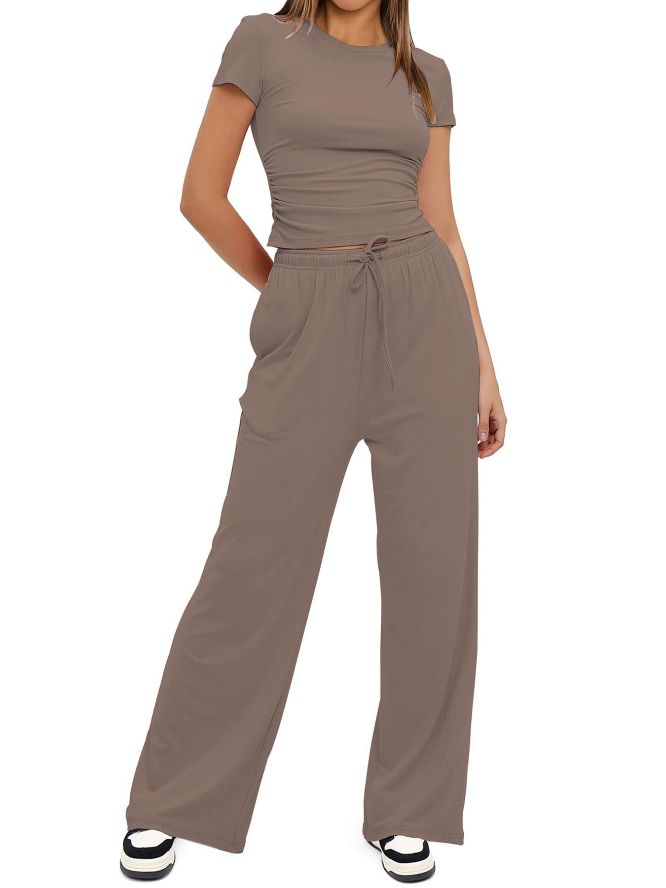 Women's Spring Summer Casual Set, Round Neck Short Sleeve Top & Wide Leg Pants, Slim Fit Home Wear, 2 Piece Comfortable
