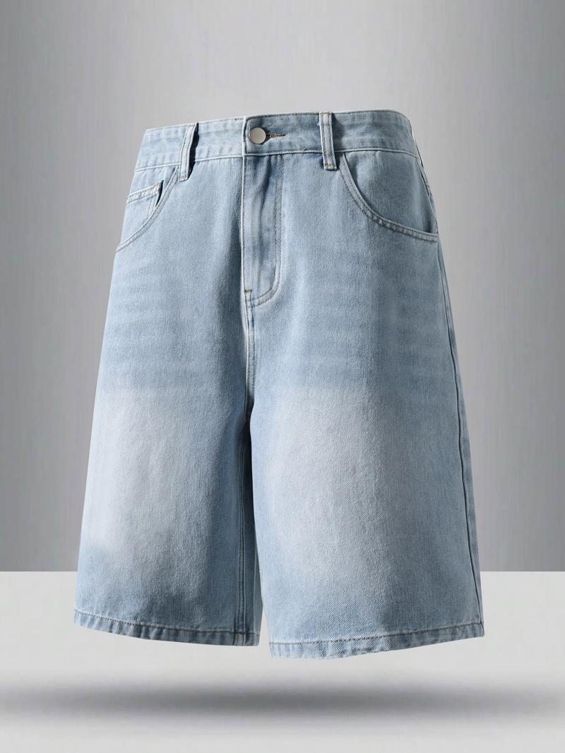 Men's Solid Color Denim Shorts, Loose Casual Comfy Straight Leg Shorts for Summer, Men's Bottoms for Daily Wear