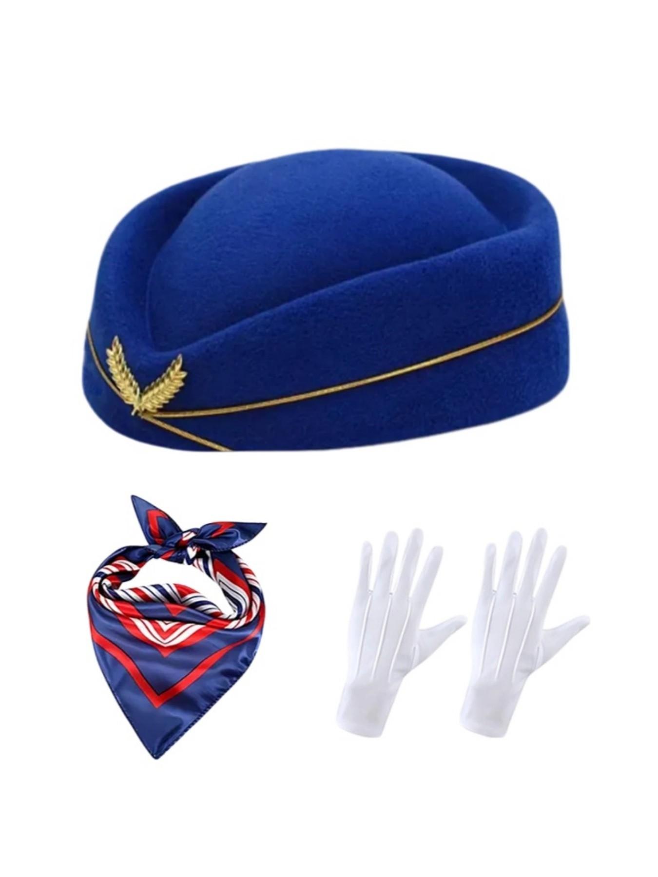 3-Piece Holiday Flight Attendant Costume Set for Women, Includes Hat, Scarf, Gloves, Perfect for Role Play, Vintage Stewardess