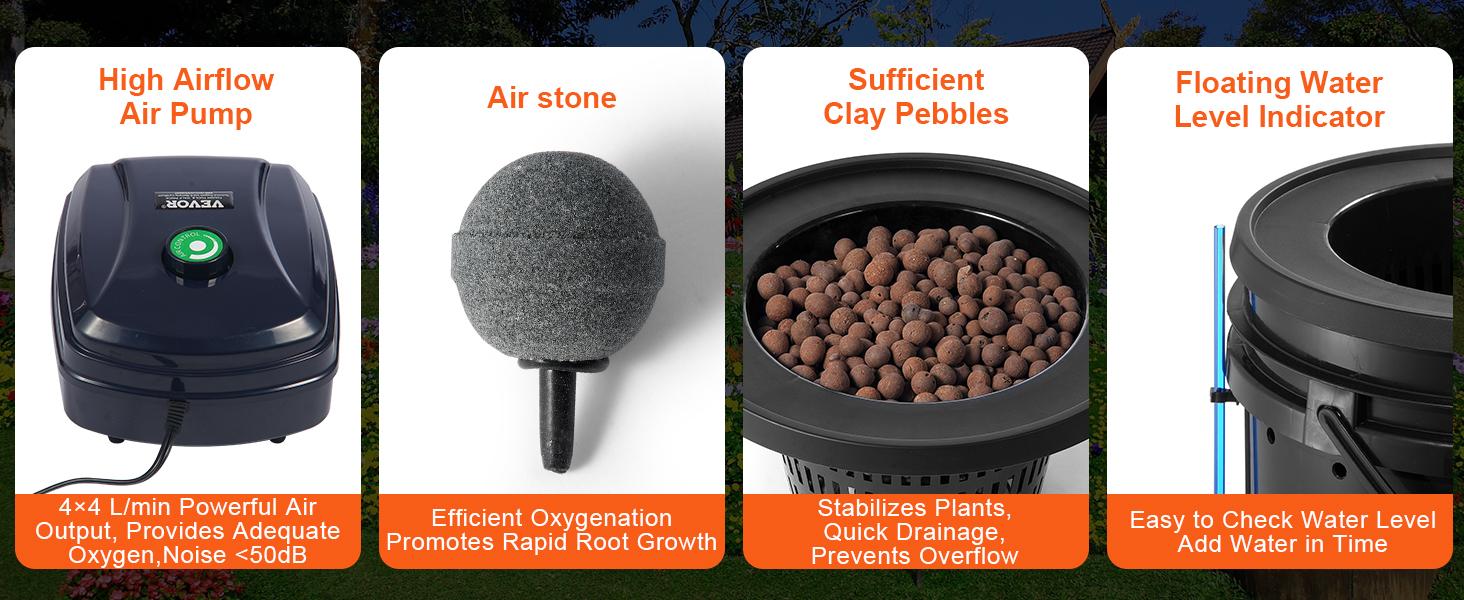 VEVOR DWC Hydroponics Grow System, Hydroponic Growing System with Top Drip Kit, Deep Water Culture 5-Gallon 2 Buckets, with Air Pump, Air Stones and Water Level Device for Leafy Vegetables