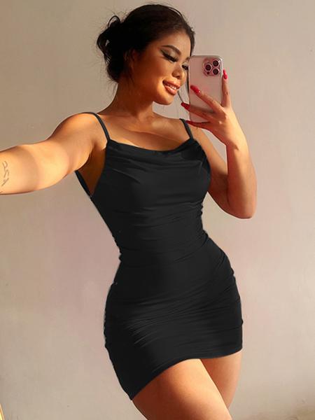 Women's Solid Backless Ruched Bodycon Dress, Fashion Casual Spaghetti Strap Cami Dress for Daily Outdoor Wear, Ladies Clothes for All Seasons