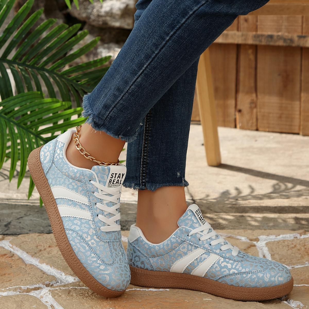 Vintage Leopard Print Sneakers, Pink/Blue, Comfortable Shoes for Commute & Shopping