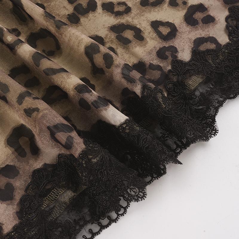 Street Retro Lace Patchwork Leopard Print Midi Skirt, Women's Y2K Aesthetic Summer Low Waist Skirt, Fashionable Layered Hem Design