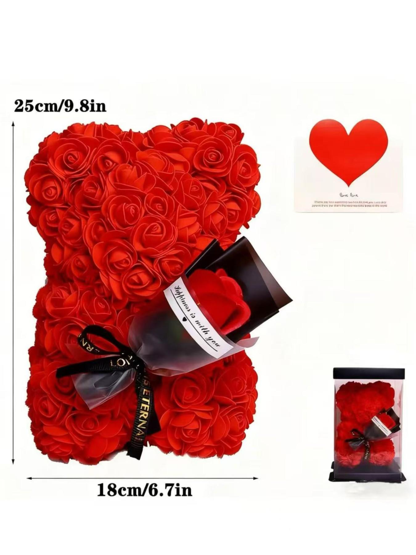 Roses Bear Holding Flower Bouquet Gift Set, Valentine's Day Proposal Gift for Girlfriend, Mother's Day Love Gift for Mom, No Necklace Included