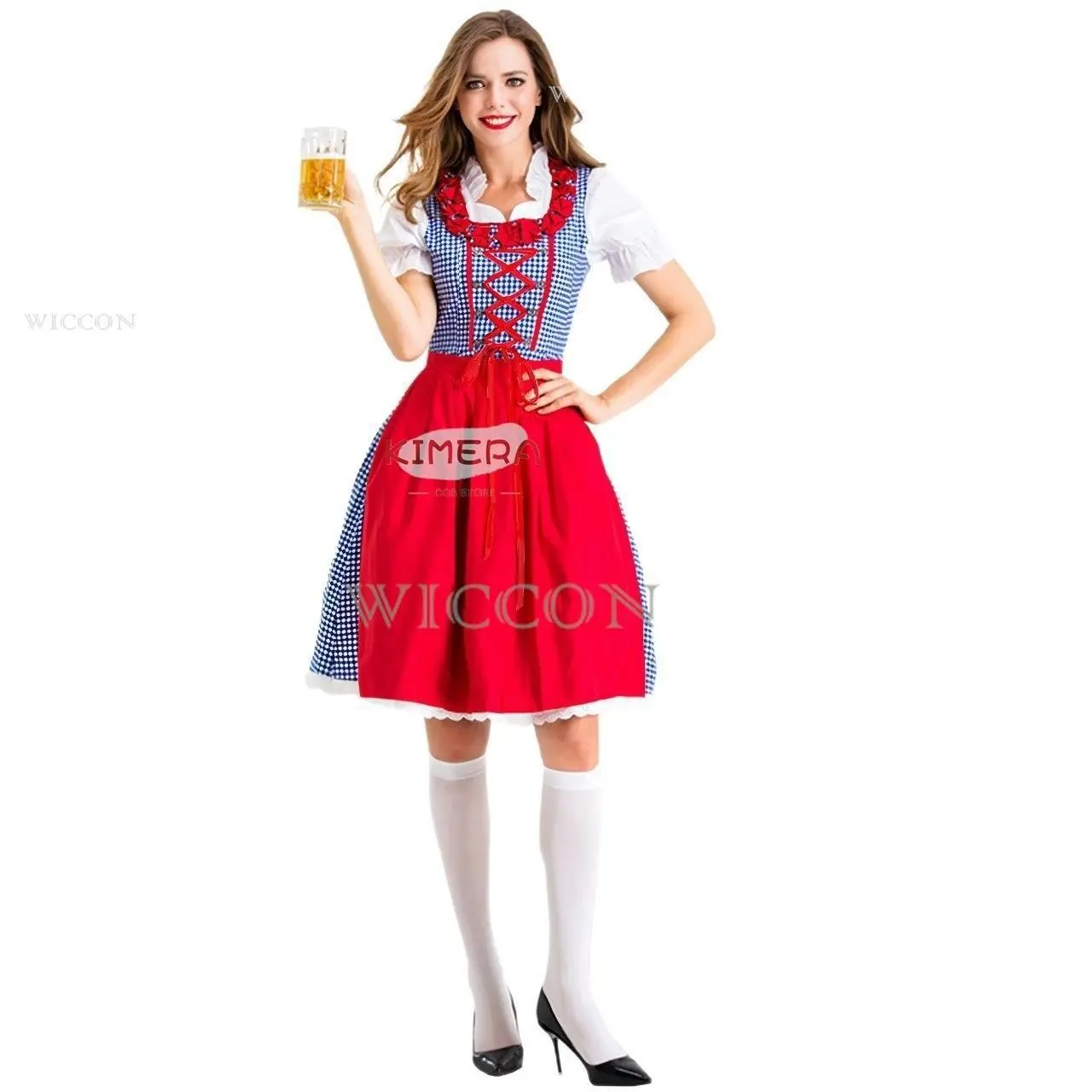 Munich Oktoberfest Dirndl Pink Plaid Farm Maid Dress Mieder Vintage Denim Skirt Bavarians Cosplay Women Adult Costume