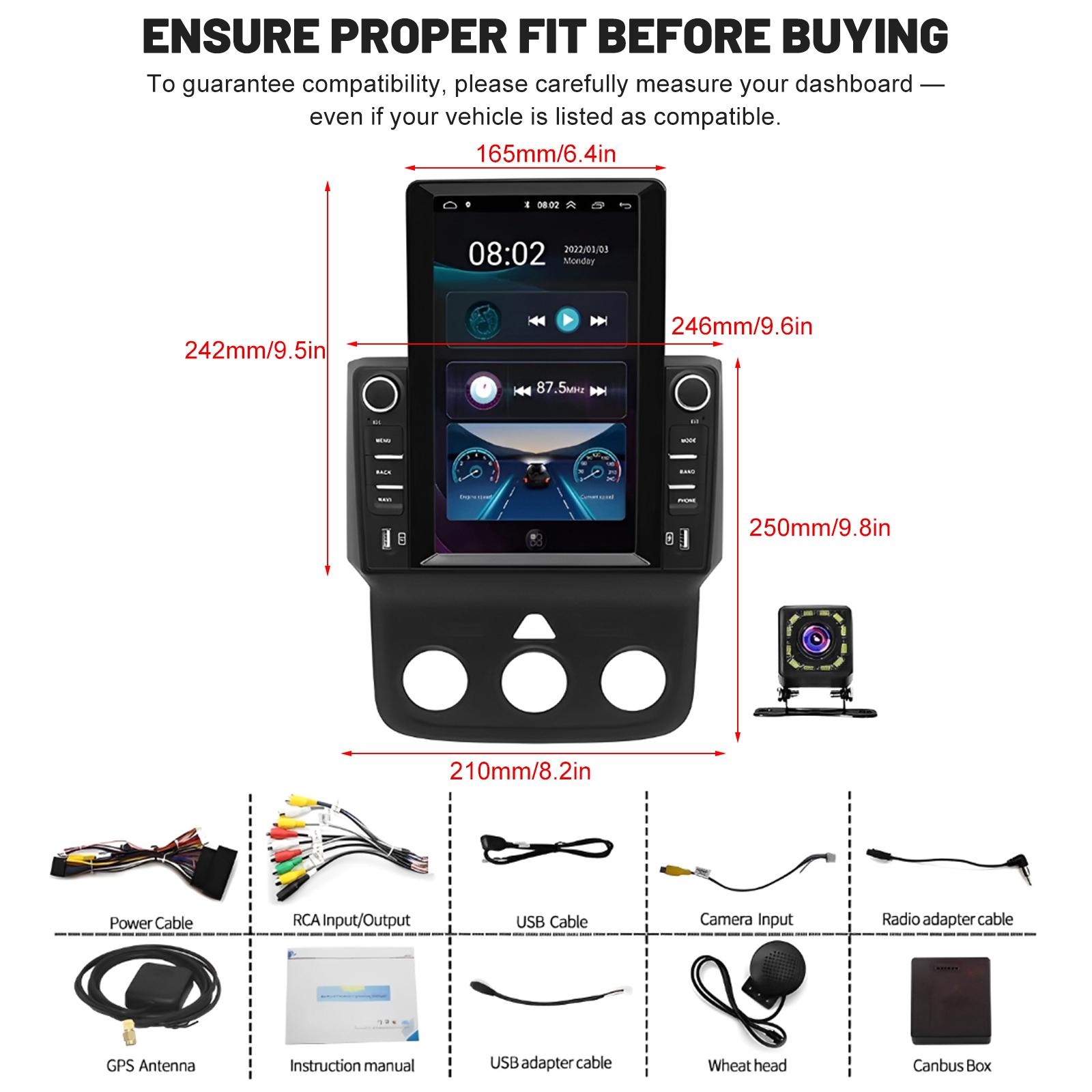 9.7"  Car Touch Radio for Dodge RAM 2013–2018 – with Wireless CarPlay screen /Android Auto + 12LED Backup Camera，with GPS, Bluetooth, DSP, FM Stereo