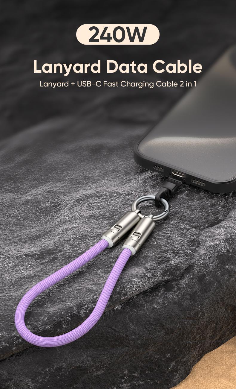 240W USB-C Lanyard Charging Cable, 2-in-1 Phone Strap & Fast Charger, 5A PD Data Transfer Cord with Buckle, Zinc Alloy Durable for Phone/Tablet/Laptop