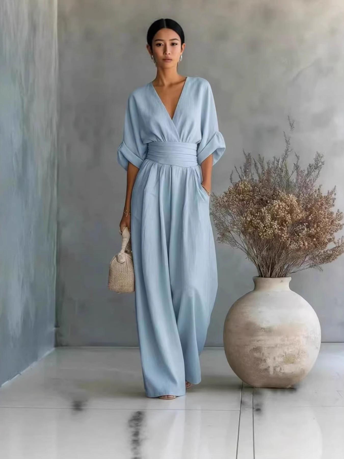 2026 Spring Summer Women's Jumpsuit, Elegant V Neck Batwing Waist Slim Fit, Minimalist Casual Breathable Lightweight Solid Color Fashion Romper, Ladies One Piece Pants