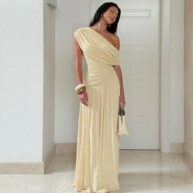 Women's Elegant Solid Irregular Neck Ruched Dress, Sexy One-Shoulder Backless Plain Slim Fit Maxi Dress, Formal Gown for Birthday Party & Date Evening, Summer Ladies Casual Long Dresses for Holiday & Daily Wear Womenswear