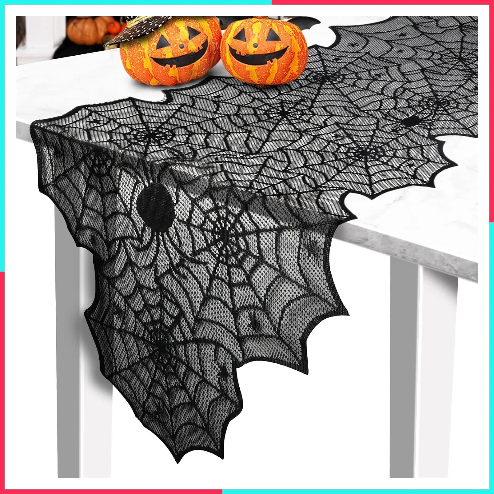 Halloween Table Runner, Black Lace Spider Web Design, 18 x 72 Inch