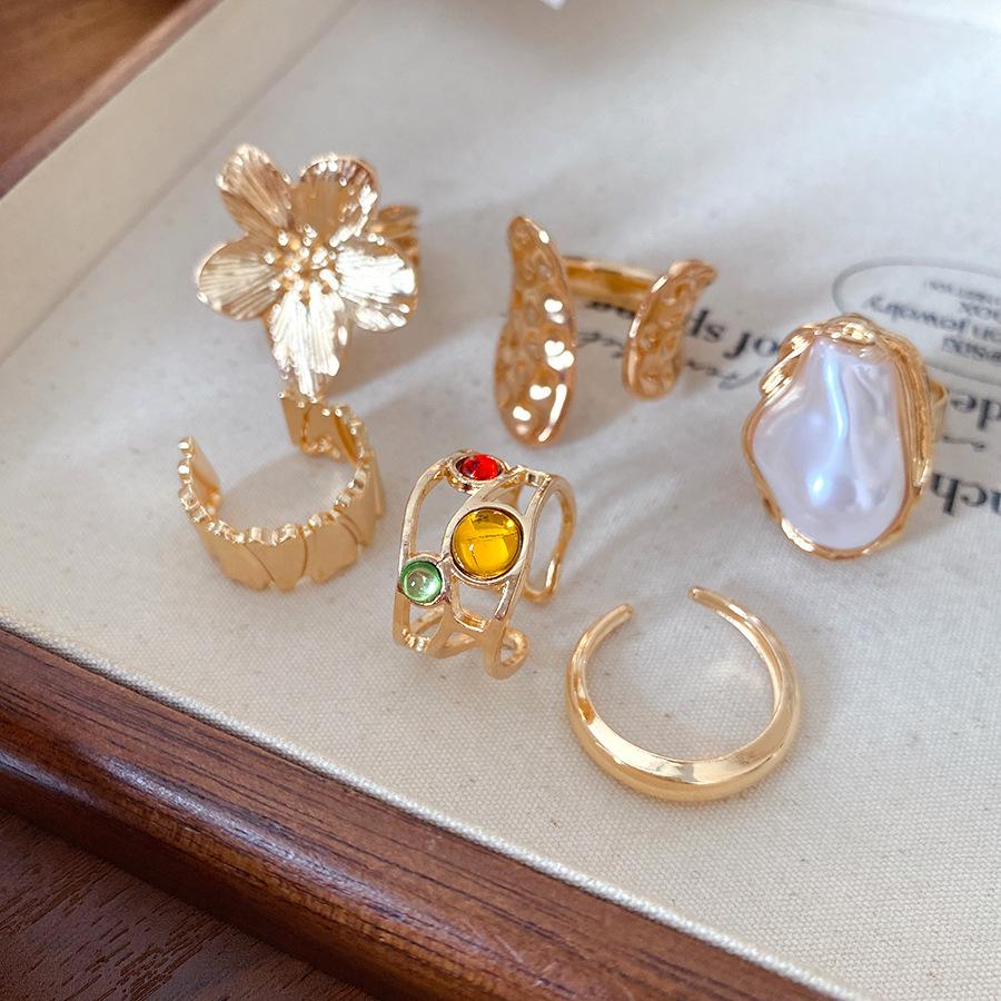 6-Pair Metal Wrinkled Flower Open Rings, Trendy Elegant Minimalist Luxury Hand Jewelry