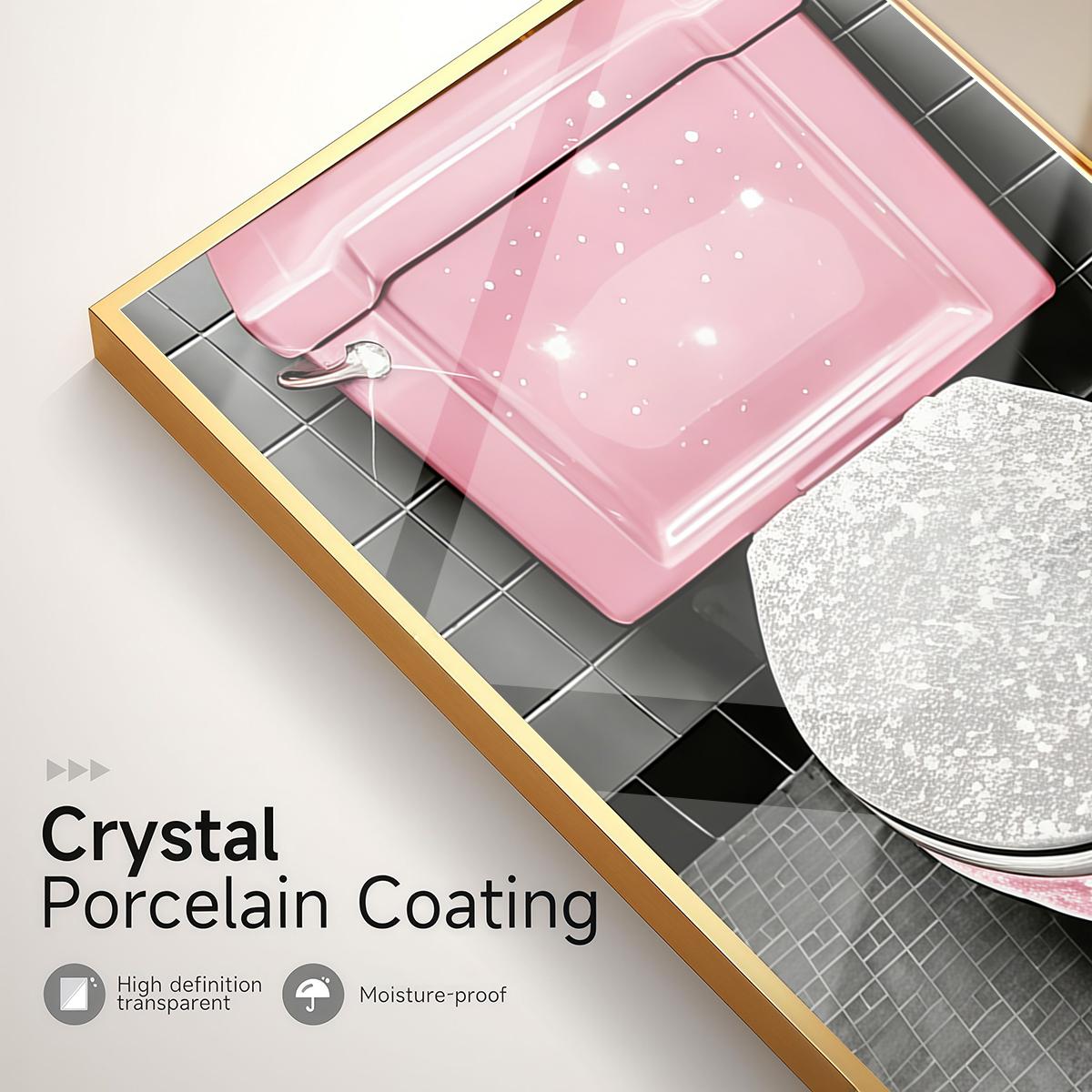 3 Counts Aluminum Alloy Framed Painting, Luxury Pink Diamond Feather Toilet Brush Set Pictures, Home Decoration For Living Room, Bedroom, Office, Restaurant, Hallway Wall Decor, Odorless Print Artwork, Luxury Perfect Gift For Friends And Family