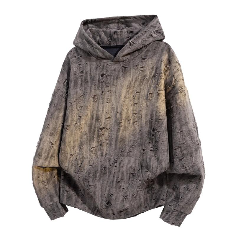 Men's Wasteland-Style Hooded Cotton Blend Sweatshirt - Menswear, Casual Fashion, Long Sleeve Streetwear, Ripped Texture, Drop-Shoulder, Distressed Look, American High-Street Retro Niche Top, Slim-Fit, Standard Sizes