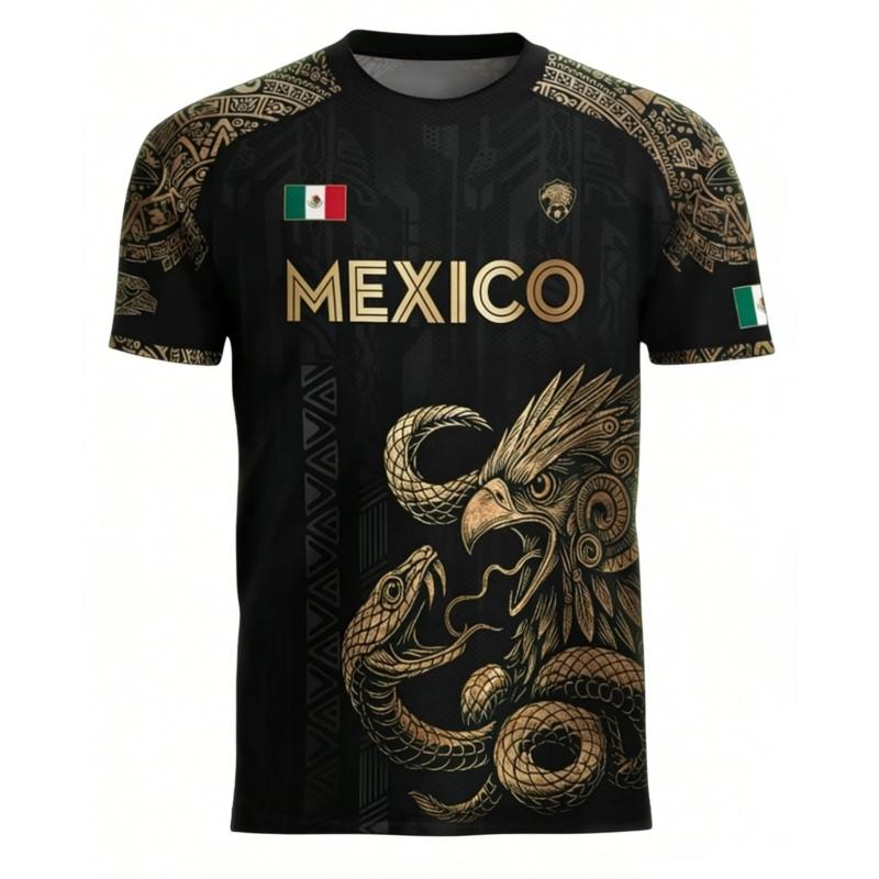 Mexican Aztec Eagle Traditional Soccer Jersey, Jersey Tee, Soccer Shirt, Full Print Design, Casual Comfort, Unique Animal Tribal Patterns, Classic Retro Style, Casual Sports Jersey