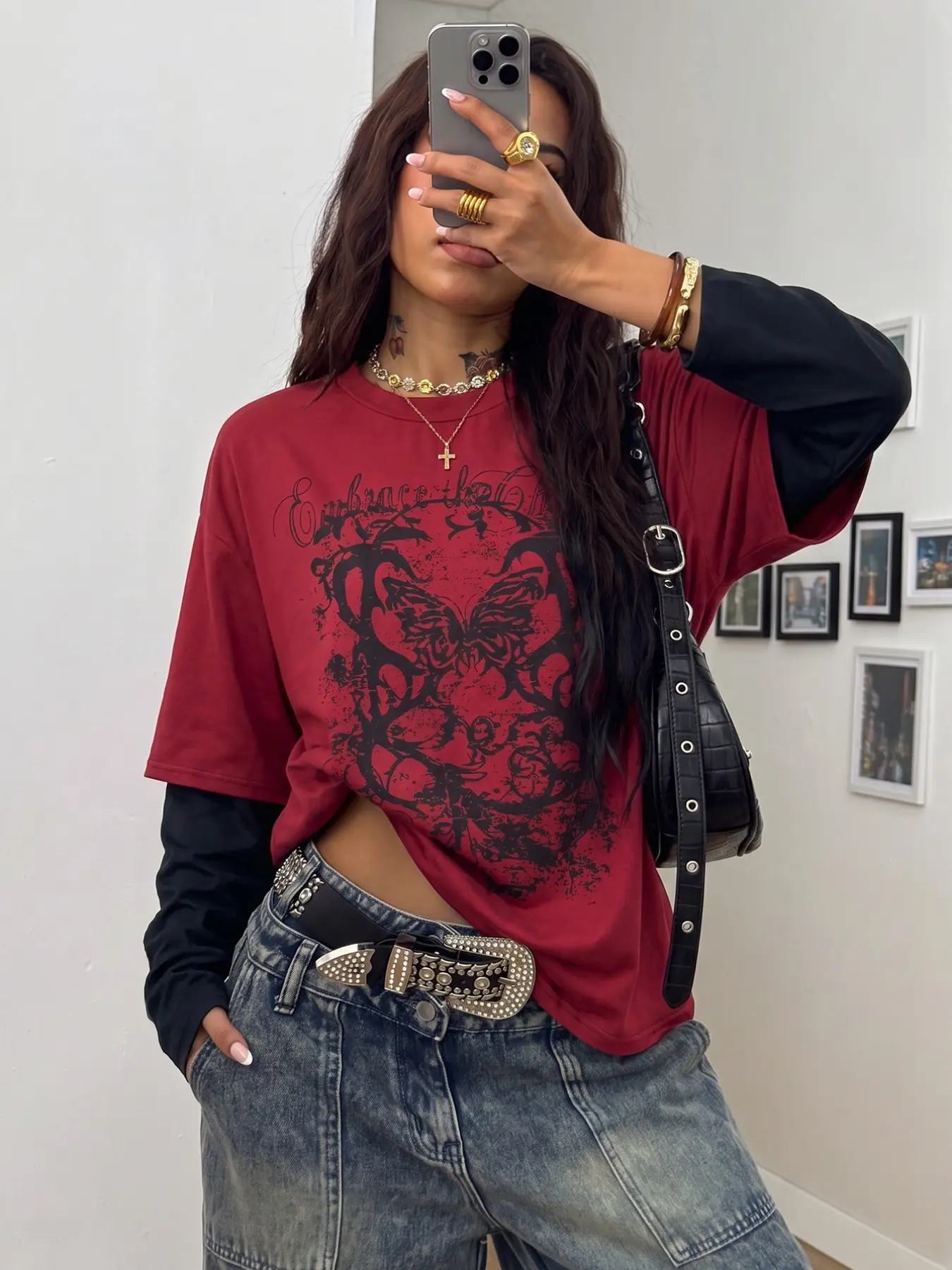 Wine Red Vintage Butterfly Graphic Fake Two Piece Long Sleeve T-Shirt For Women, Loose Oversized Layered Tee, Y2K Grunge Streetwear Casual Top Matches Baggy Jeans Daily Going Out Outfit