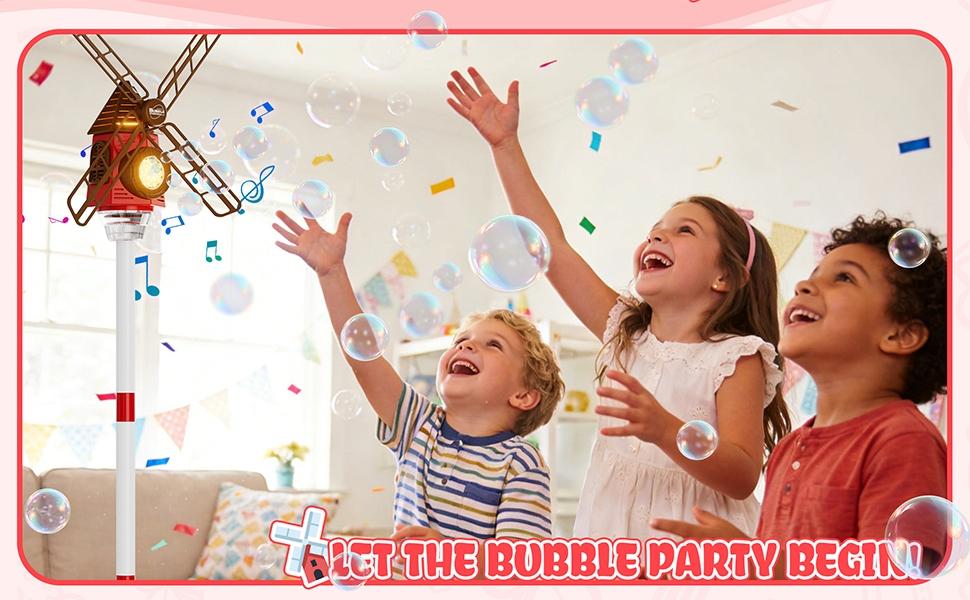 Automatic Windmill Bubble Machine, Music LED Romantic Color Lights, Adjustable Height, Includes 50ML Concentrated Bubble Liquid