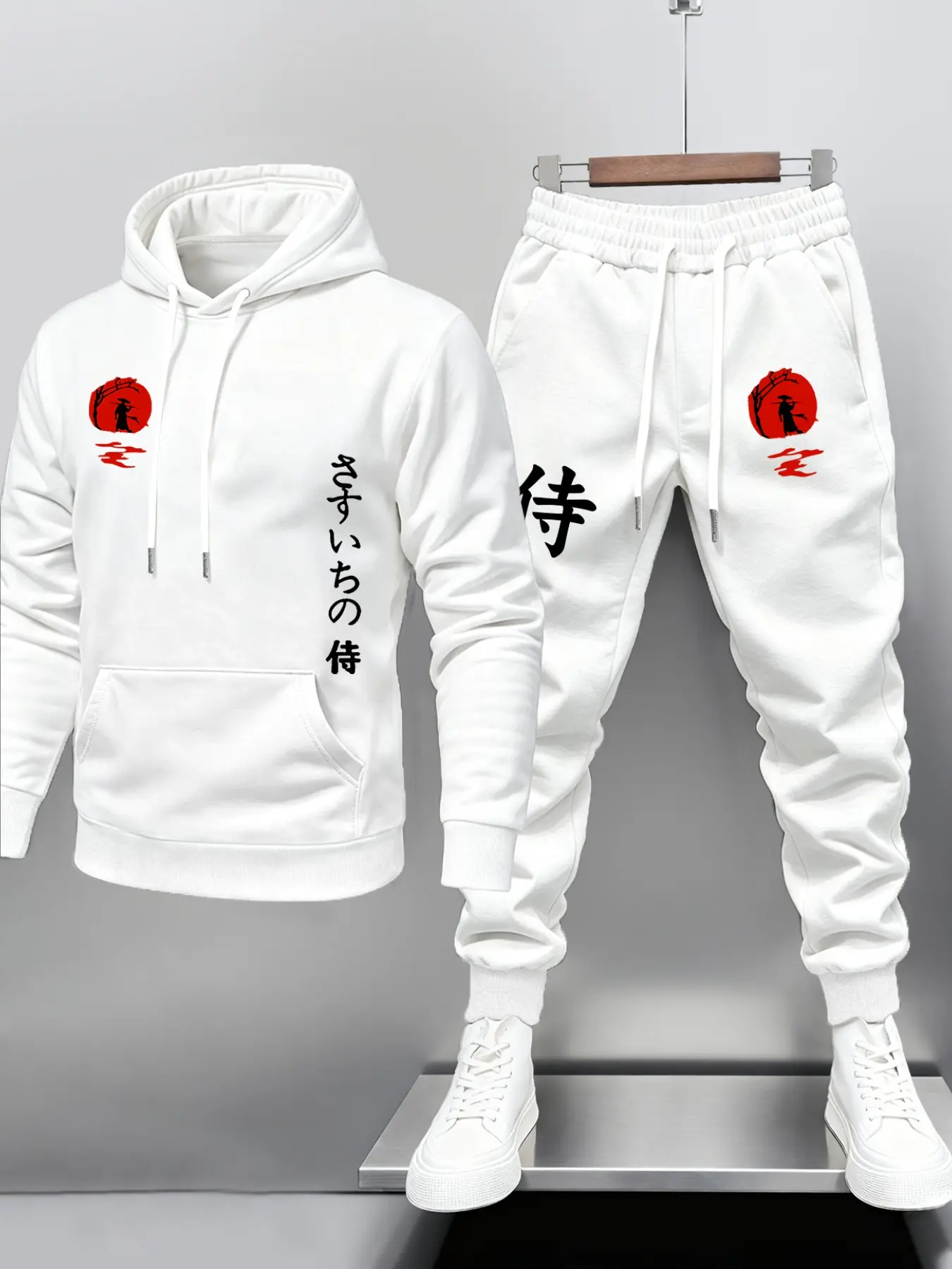 Men 2‑Piece Hoodie Tracksuit Set, Drawstring Hood Pullover & Cuffed Jogger Pants, Front Kangaroo Pocket, Samurai Silhouette Japanese Kanji Text Graphic Print, Bushido Aesthetic Street Sweatsuit For Male Daily Casual Outfits