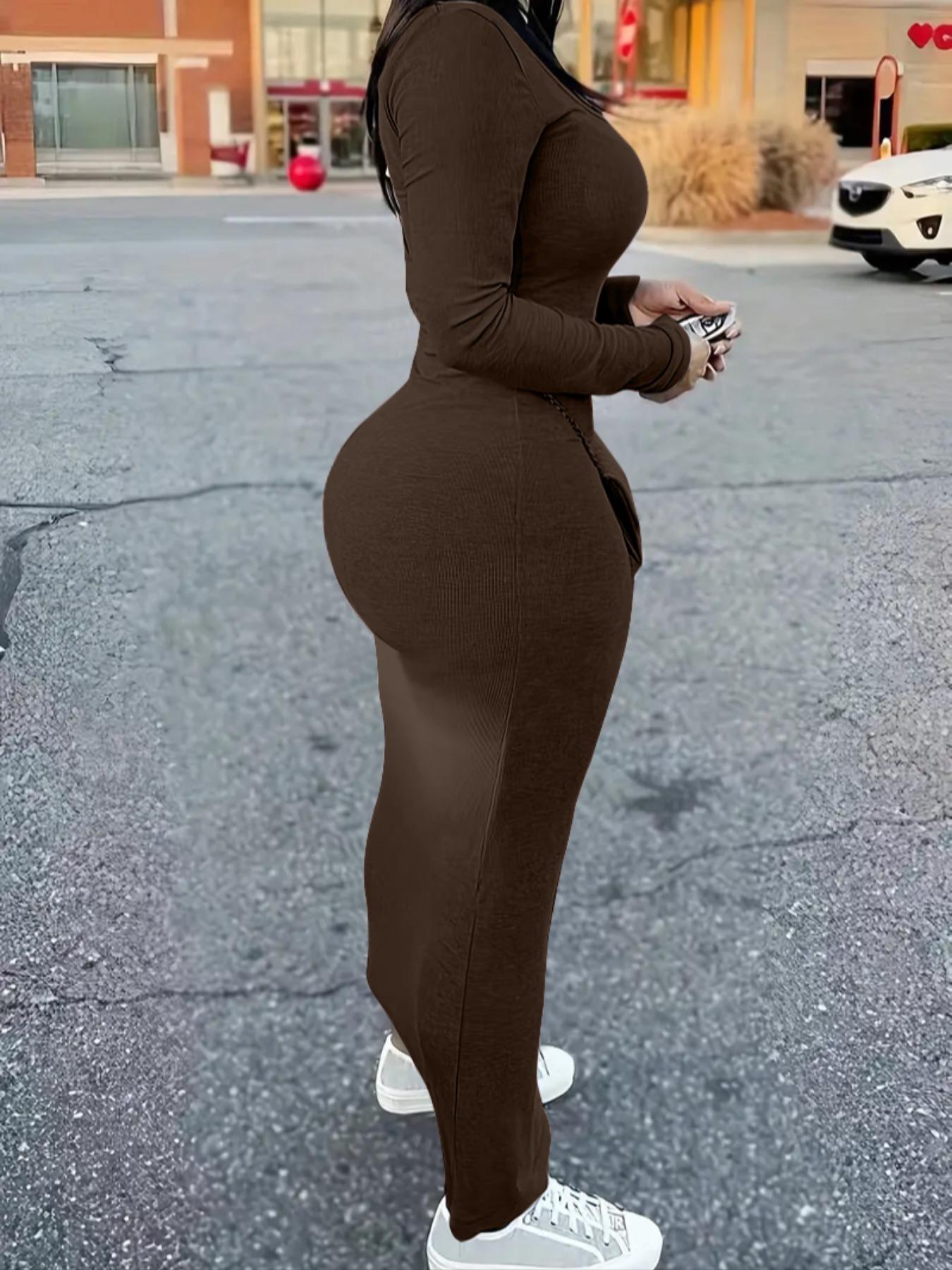 Women's Solid Scoop Neck Ribbed Bodycon Dress, Casual Long Sleeve Long Dress for Fall & Winter, Women's Clothing for Daily Wear