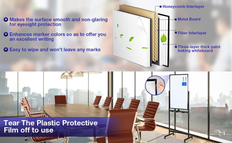 VOWNER Rolling Whiteboard, 40x24 inches Double-sided Magnetic Dry Erase Board on Wheels, with Aluminum Frame, Portable Presentation Board with Iron Stand for Office, Home, School, Black Classroom Supplies