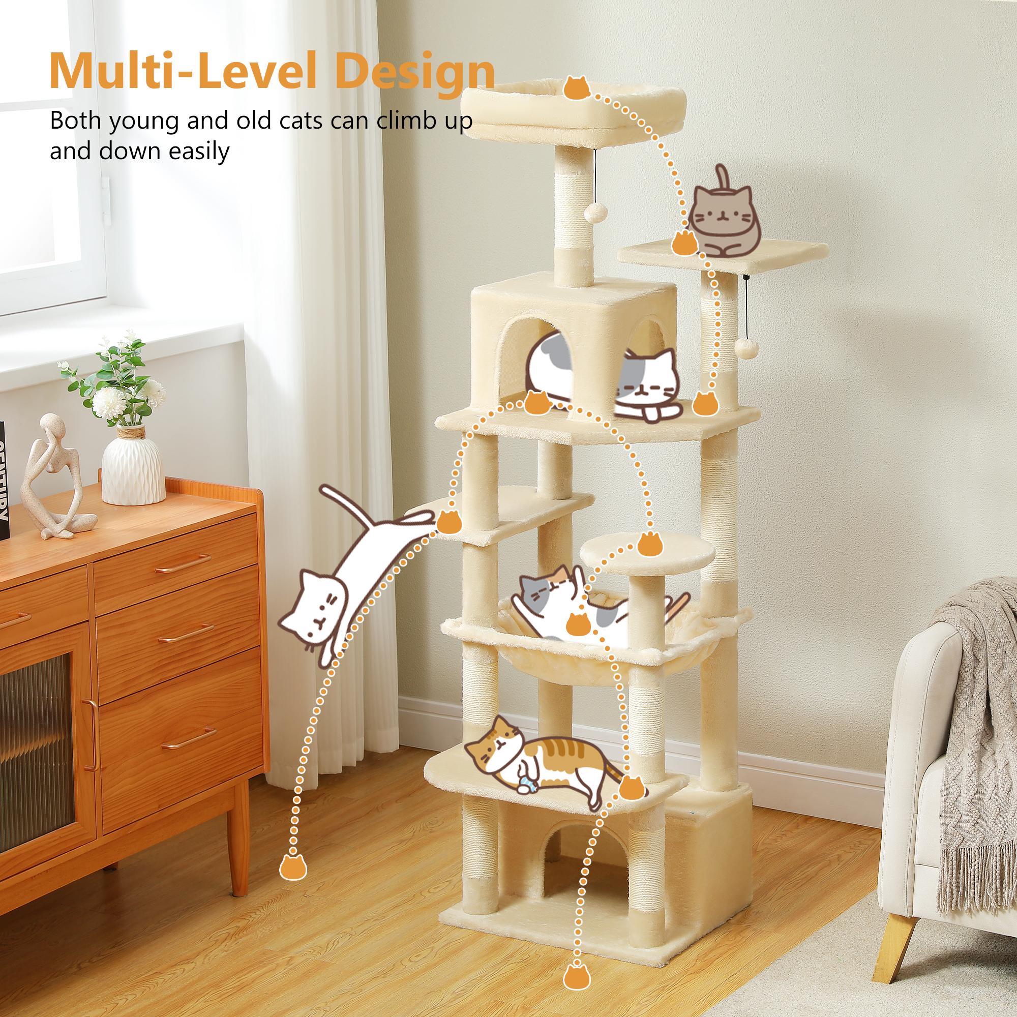 Large cat tree for large cats, litter box with sisal-covered scratching post and scratching pad, 2 padded perches, double litter box and cat basket for indoor cats