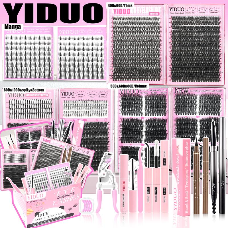YIDUO 1850pcs/set Lash Clusters Gift Set, 40D/60D/80D/100D Volume Manga Spiky Bottom Lash Extension Kit, 10-20mm D Curl Wispy False Eyelashes with Double-Ended Eyebrow Pencil, Waterproof Eyeliner, Eyelash Curler & Bond and Seal Kit, DIY Lash Kit