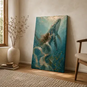 Mermaid and Whale Canvas Wall Art, Underwater Ocean Fantasy Poster, Coastal Blue Sea Decor, Dreamy Vertical Wall Art for Living Room Bedroom Bathroom, Unframed Canvas Poster or Framed Canvas Wrap