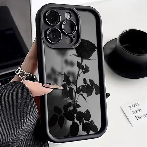 Minimalist Dark Black Rose TPU iPhone Case - Shockproof Silicone TPU Bumper, Soft Anti-Yellowing Full-Body Protection with 1.2mm Raised Lips, Non-Slip Grip, Drop Protection for iPhone 11/12/13/14/15/16/17 Pro/Pro Max